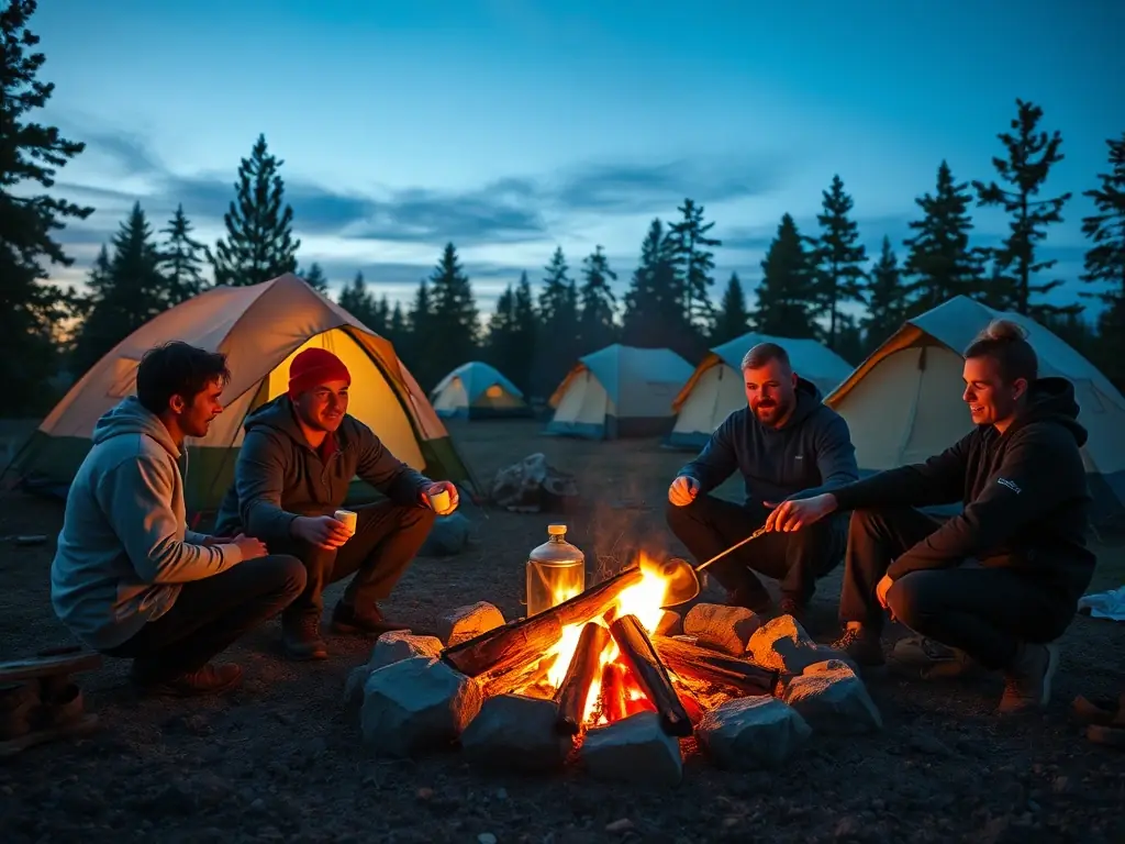 Children and adults gathered around a campfire at dusk, roasting marshmallows and sharing stories in a clearing.