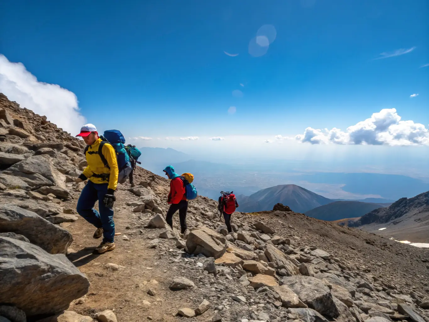 A vibrant scene of a diverse group of adults and seniors hiking together on a rugged trail, helping each other over obstacles, with a backdrop of rolling hills and clear skies.