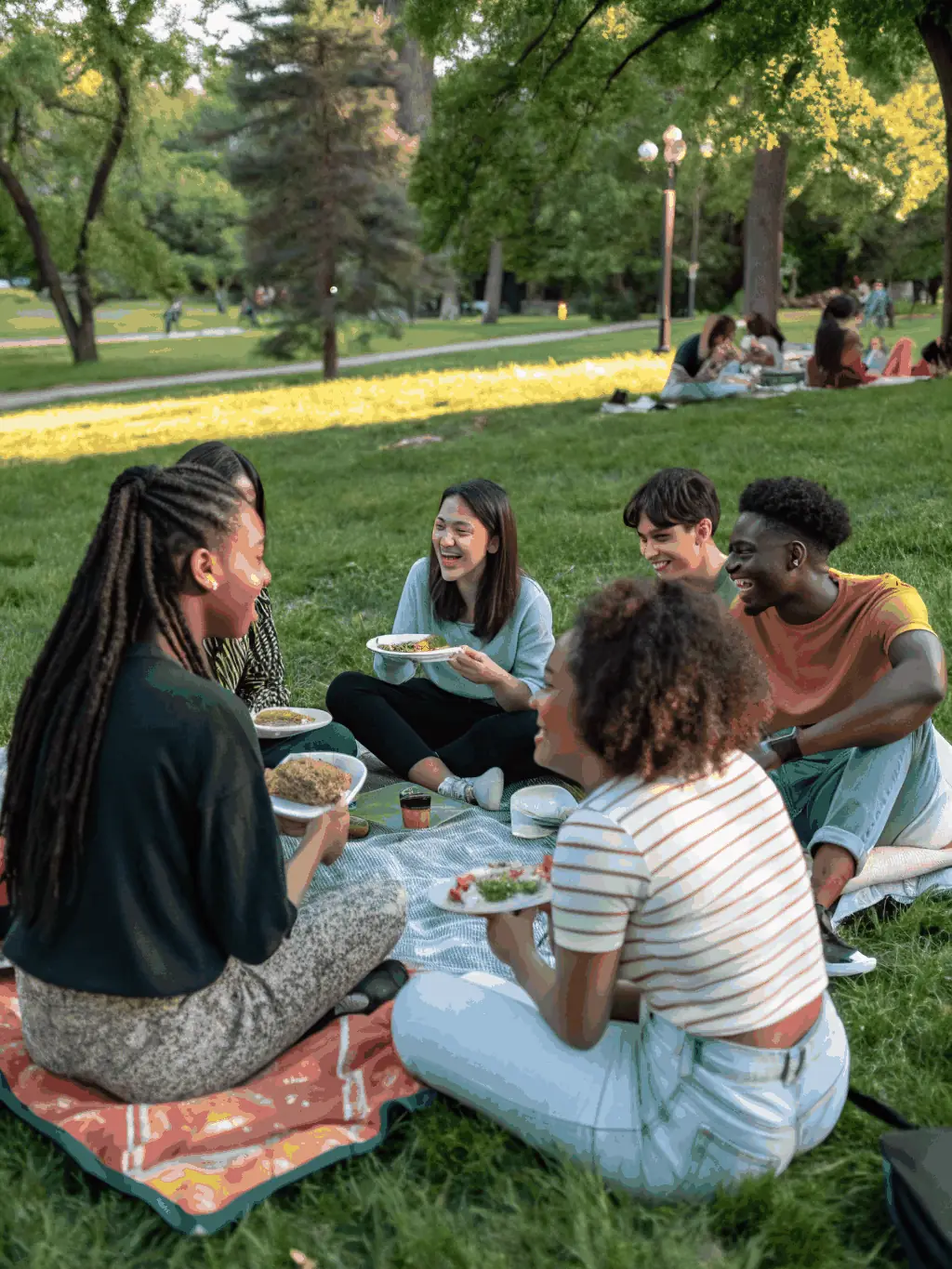 A lively group of families and friends gathered around a picnic table in a scenic park, sharing food and laughter after a morning of outdoor games and activities. This image will showcase recreational community events.