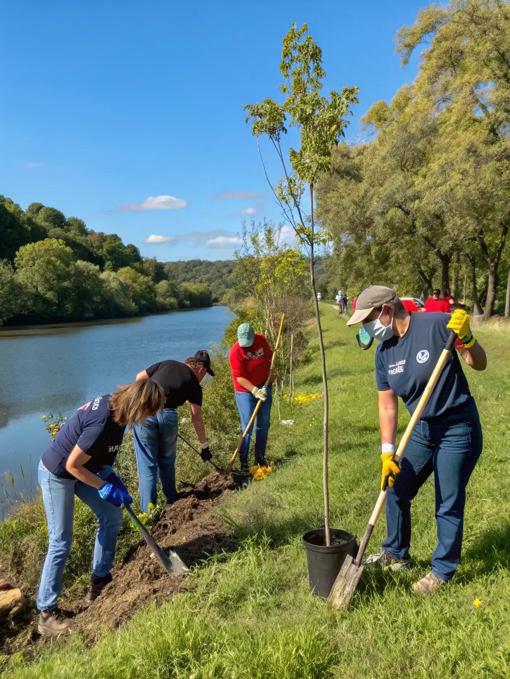 A team of volunteers and participants planting trees and cleaning up a riverside trail, wearing AMCV 19 t-shirts and working together under a clear sky. This image will highlight community engagement initiatives.