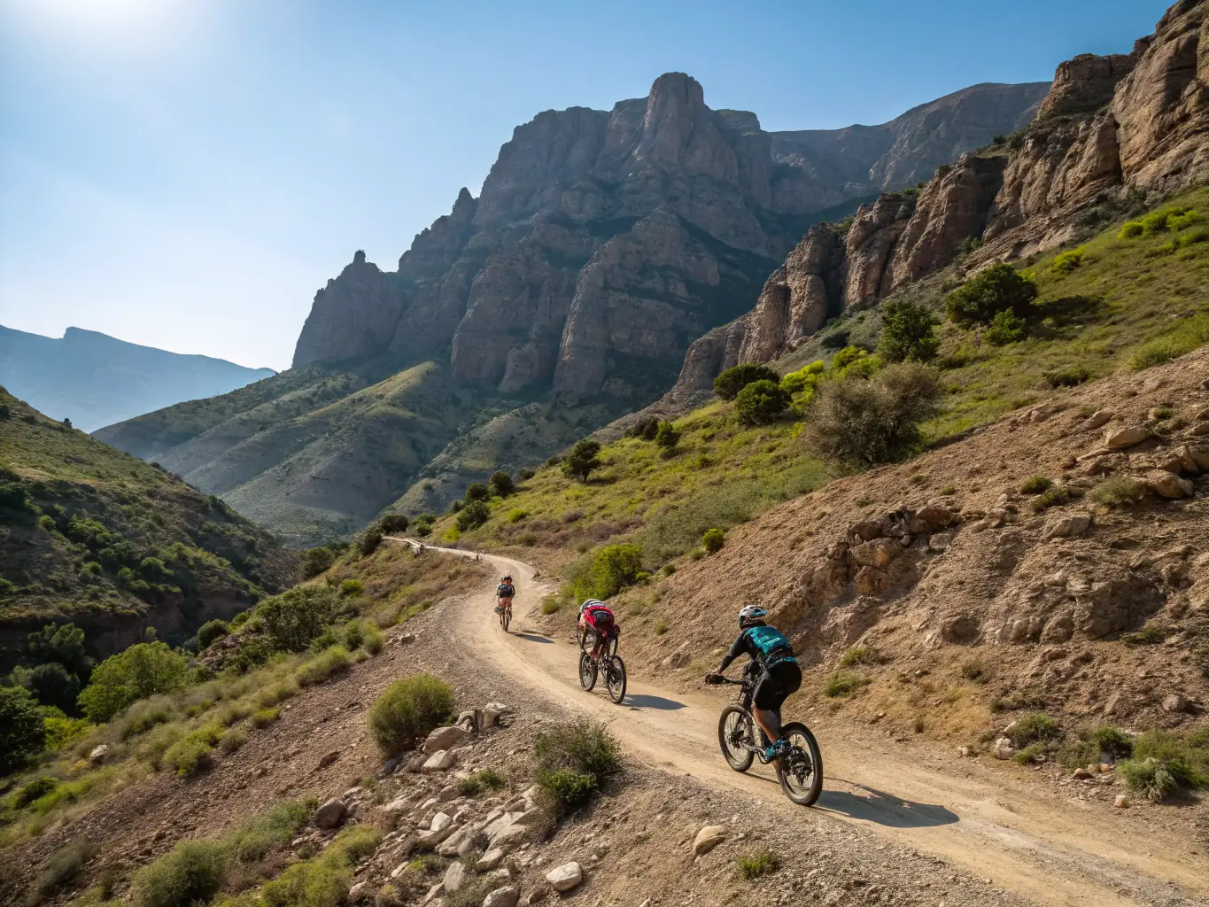 Cyclists riding mountain bikes on a rugged path, with helmets and colorful jerseys, surrounded by green hills. This image is for a mountain biking adventure event.
