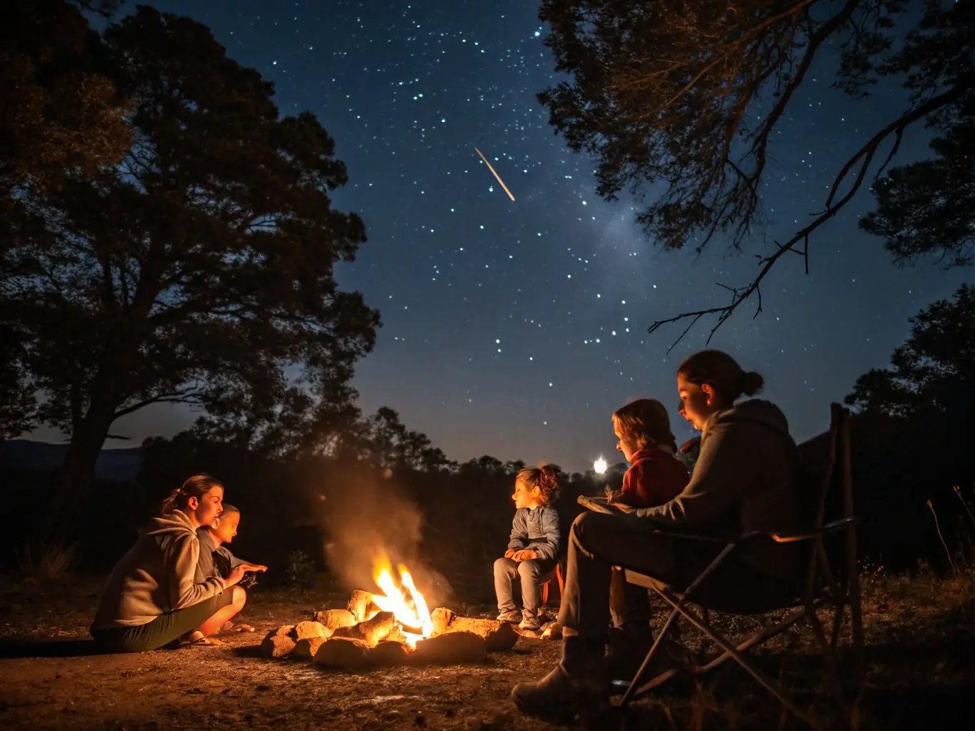 A group of adults and children gathered around a campfire at dusk, with tents in the background. This image is for a family-friendly outdoor camp event.