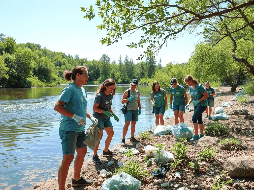 A high-resolution image of volunteers and participants collaborating to clean up a scenic riverside trail, with bags of collected litter and visible teamwork under a bright sky.