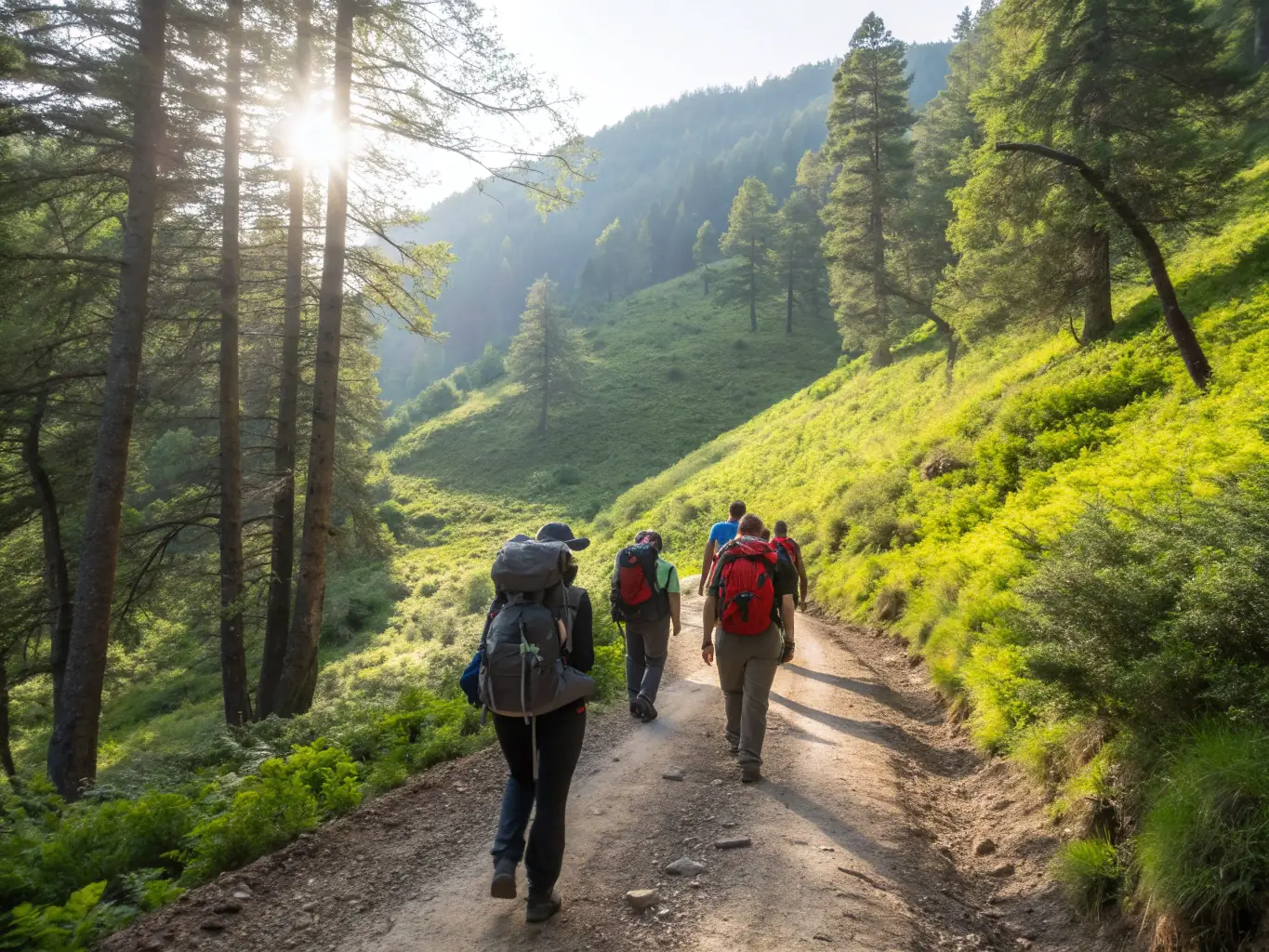 A team of hikers with backpacks crossing a wooden bridge over a small river, surrounded by lush greenery.