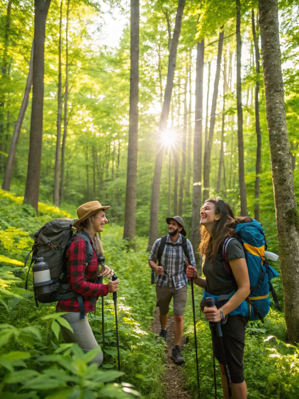 A group of diverse participants in colorful sportswear hiking through a lush forest trail, carrying backpacks and smiling, with sunlight filtering through the trees. This image will be used to represent guided nature outings organized by AMCV 19.