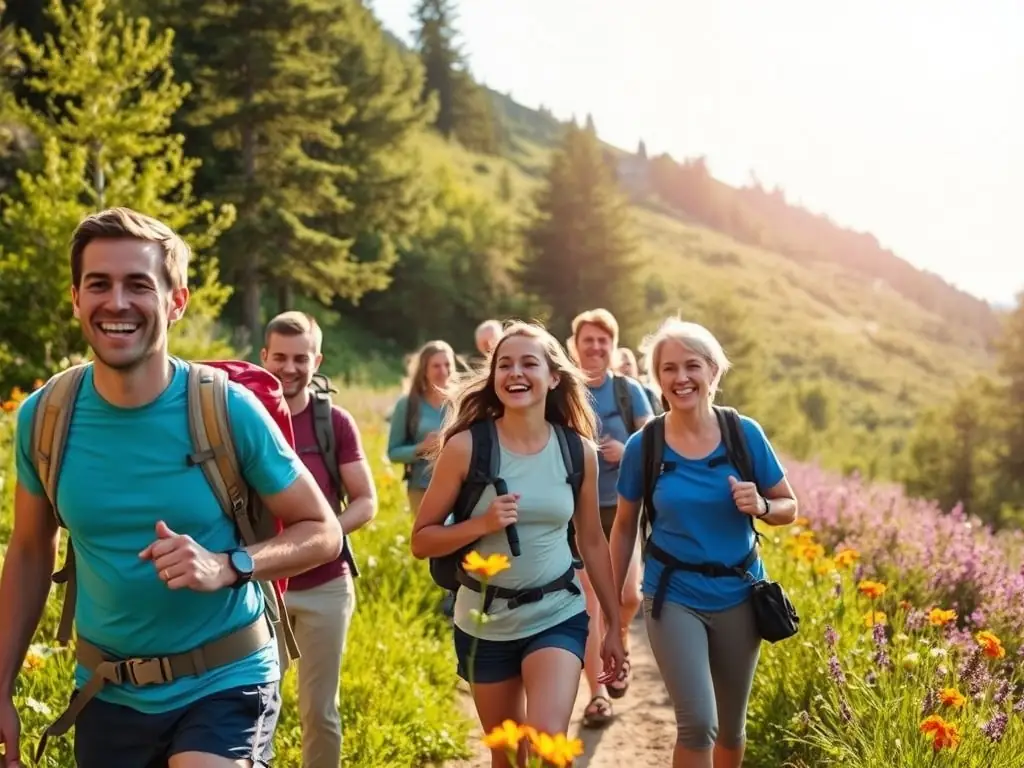 A group of people hiking on a forest trail, wearing sports gear and smiling, with spring foliage in the background. This image represents a guided hiking event organized by AMICALE CAP-VERT 19 (AMCV 19).