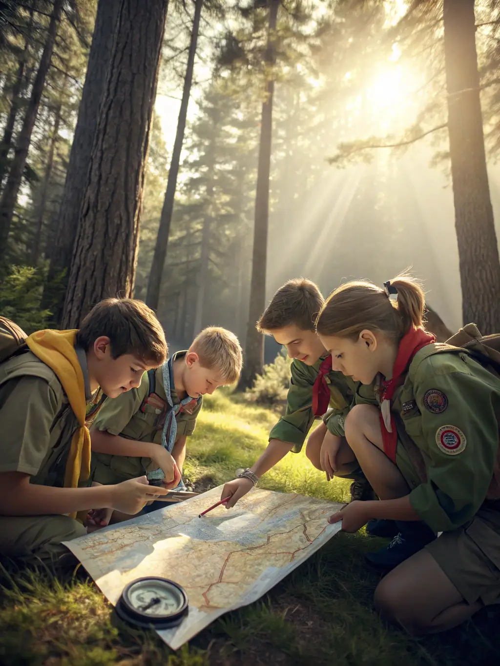 A close-up image of a coach demonstrating compass navigation to attentive teens during an outdoor orienteering workshop, with maps and gear visible.