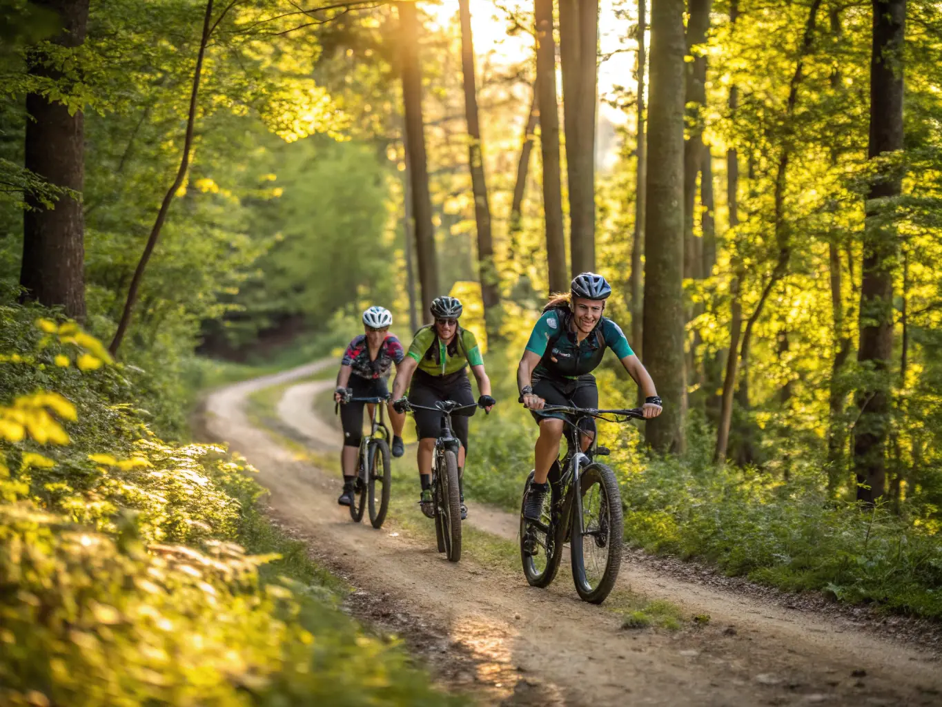 A dynamic photo of children and adults participating together in a guided mountain biking event, set in a lush green forest, with everyone wearing helmets and sharing enthusiastic smiles.