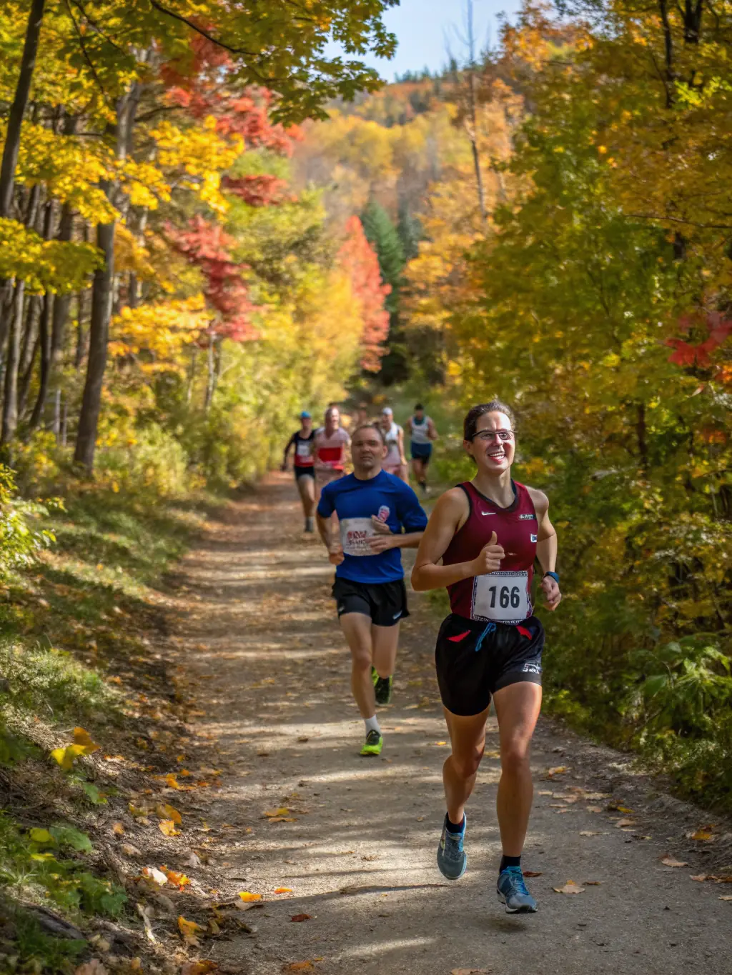 A focused image of adults practicing trail running techniques on a rugged path, with a coach providing tips and encouragement in the background.