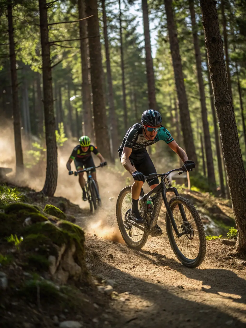 A dynamic photo of a mixed-age group mountain biking along a forest trail, with lush greenery and sunlight filtering through the trees, representing an adventurous group outing.