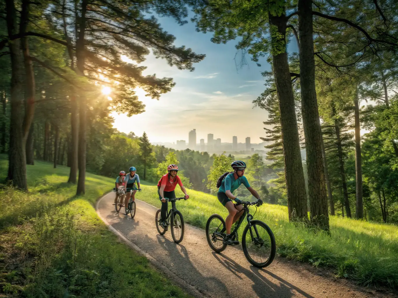 A group of people mountain biking on a forest trail under bright spring sunlight, with green trees and blue sky.